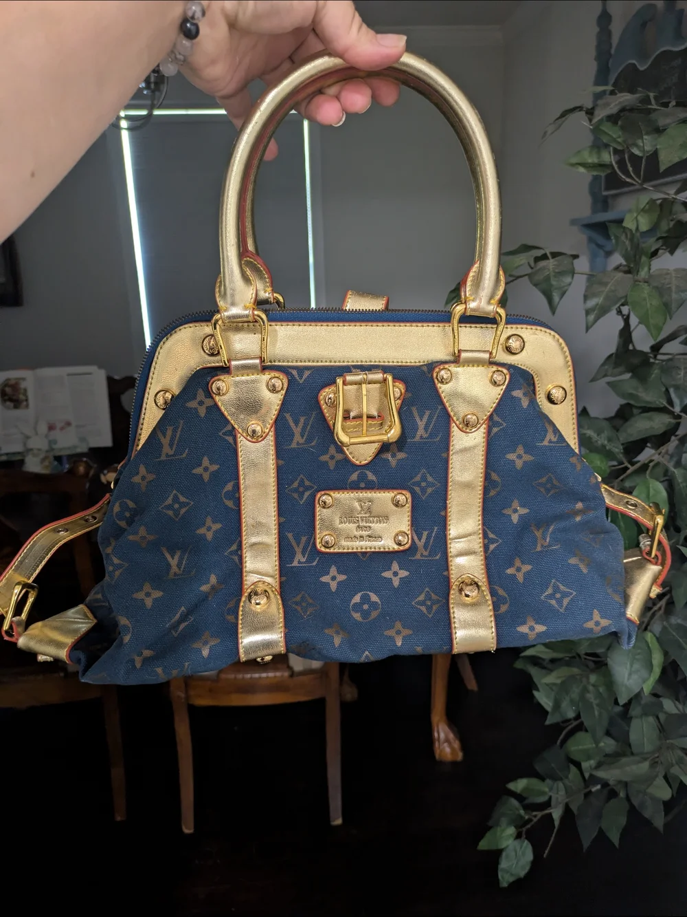 Louis Vuitton Navy Monogram Canvas Satchels And with Gold Leather Trim